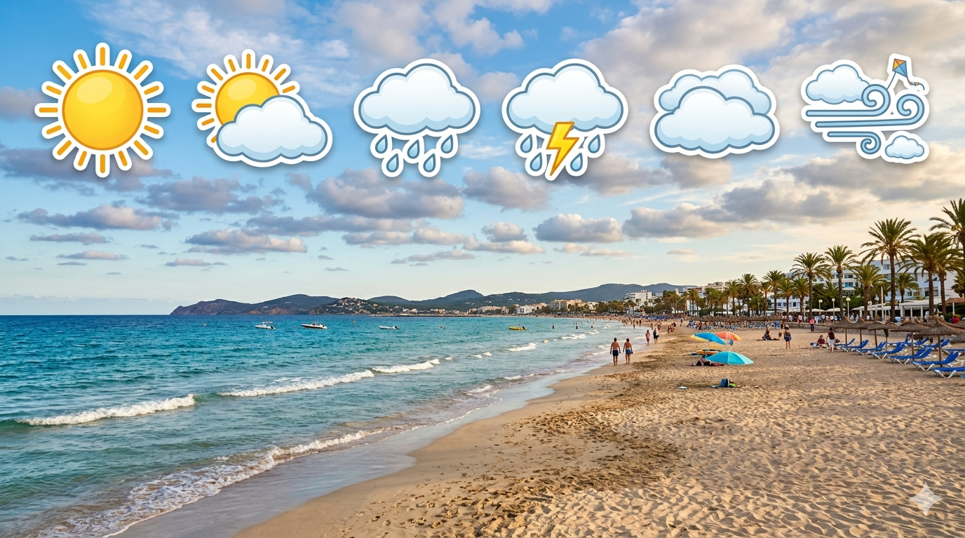 Wettersymbole und ein Strand im hintergrund